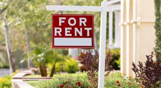 red-for-rent-real-estate-sign-in-front-house-picture-id960624848